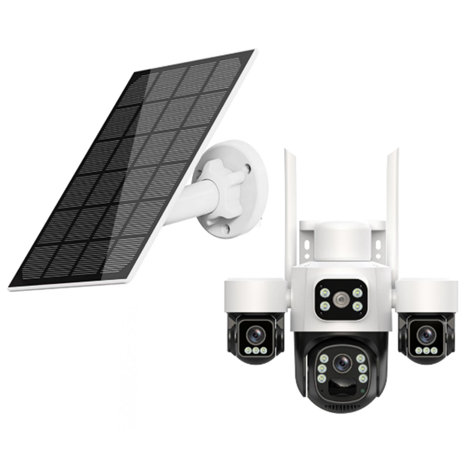 WPS010-G 3MP+3MP+3MP Pixel Motion Detection, Support Horizontal PTZ 270°, Vertical 90 Support Bi-Directional Voice 12000 mAh Battery, Power Consumption: Hibernation Standby 300uA, Work: 350mA-1.8A max8 Watt Solar Panel